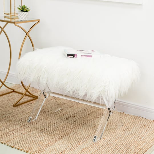 Glitzhome® 25.5" White Faux Fur Acrylic Bench